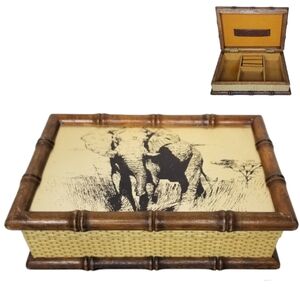Enesco 70's Vintage Bamboo Wicker Rattan Display Jewlery Box Metal‎ Etched Ink